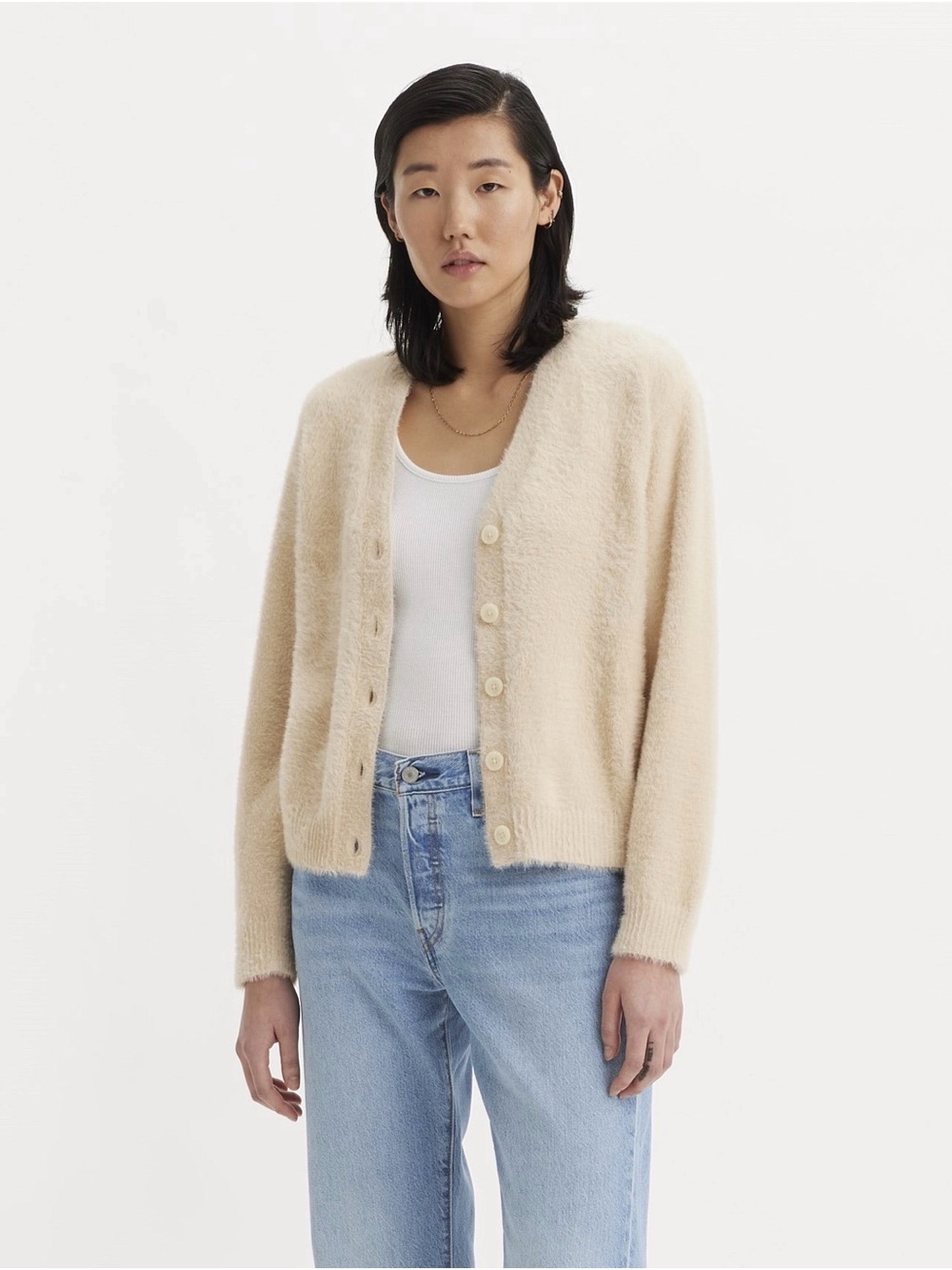 LEVI'S Betty Cardigan Cream Fuzzy Eyelash Knit Cropped Button Up Womens M